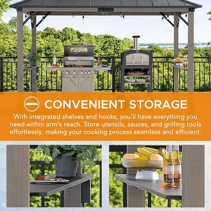 Sunjoy Wooden Grill Gazebo, 8 x 12 ft. Steel Hardtop Outdoor Gazebo for Year-Round Grilling, 2 Full Size Grills, Griddles or Smokers - Cook Station, Barbeque, Built-in Electrical Outlets, Black