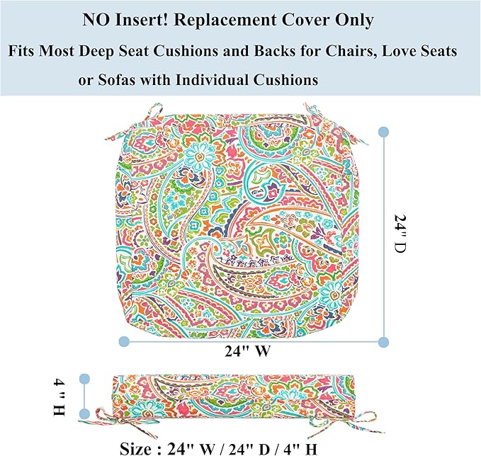 FUNHOME 2 Pack Outdoor Cushion Slipcovers 24" x 24" x 4", No Insert! Water-Resistant Patio Chair Seat Cushion Covers with Zipper and Tie, Replacement Cover Only(Melora Paisley)
