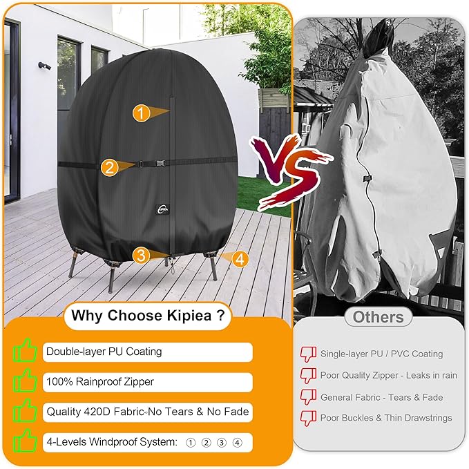Kipiea Patio Egg Chair Covers Waterproof, Upgraded Outdoor Hanging Egg Chair Covers with Waterproof Zipper, 420D Double Seat Swing Egg Chair Cover, Windproof, Anti-UV, No Tears (Up to 80" W x 91" H)