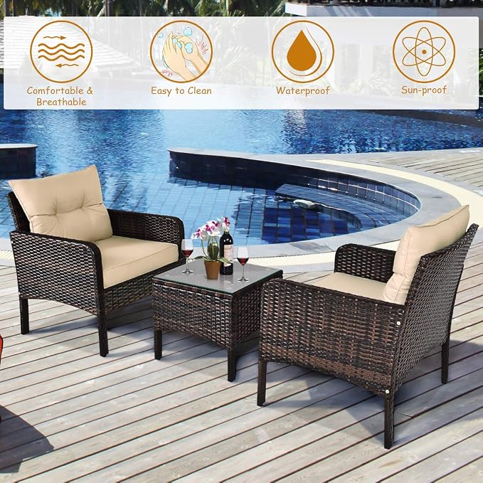ORALNER 3-Piece Patio Conversation Set, All-Weather Wicker Sofa Chair and Coffee Table Set with Thick Cushions, Outdoor Furniture, Rattan Bistro Set for Balcony Deck Porch Poolside Garden (Brown)