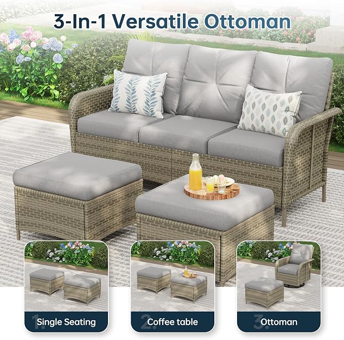 LazySunsets Luxury 9-Piece Patio Furniture Set, 360° Swivel Chairs, Wicker Rattan Sofa with Thick Cushion, Outdoor Conversation Set for Backyard, Poolside & Garden, Beige/Gray