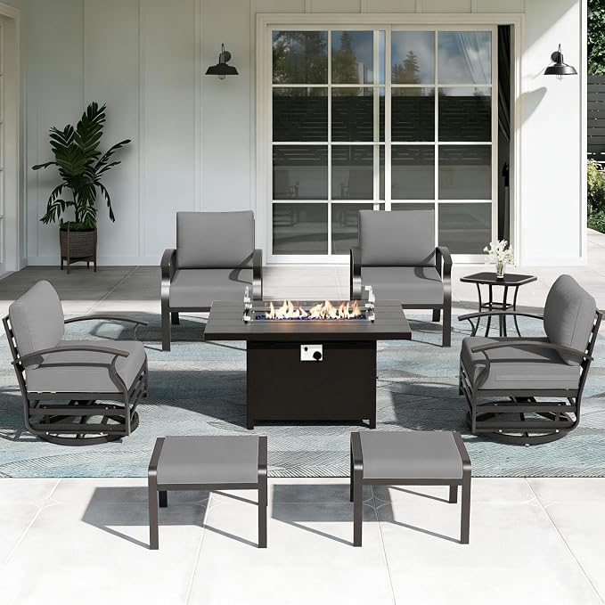 ALAULM Aluminum Patio Furniture Set with Propane Fire Pit Table 6-seat Metal Outdoor Furniture w/Swivel Chairs Patio Sectional Sofas w/5.1" Cushions for Patio, Backyard, Poolside-Grey