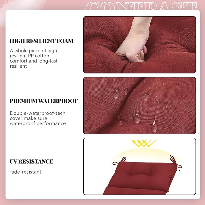 Kigley Outdoor Chaise Lounge Cushions with 3 Side Pocket 74.5 x 22 x 4.7 Inch Patio Chaise Lounge Cushion, Water-Repellent and Fade-Resistant Tufted Summer Replacement(2 Pcs,Ruby Red,Solid Color)