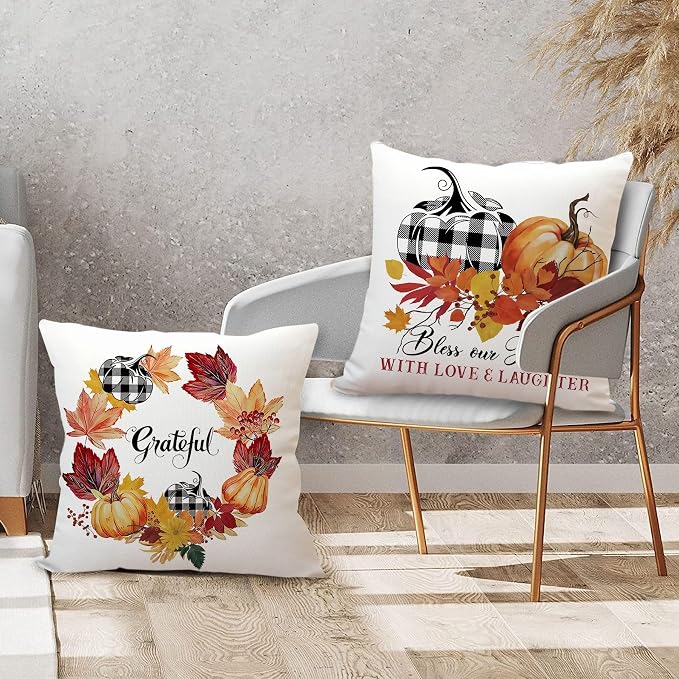 16x16 Outdoor Pillow Covers Buffalo Plaid Fall Decor Set of 4 Pumpkin Farmhouse Harvest Decorations Farm Truck Square Throw Cushion Case for Fall Thanksgiving Home Decorative Pillows Cover