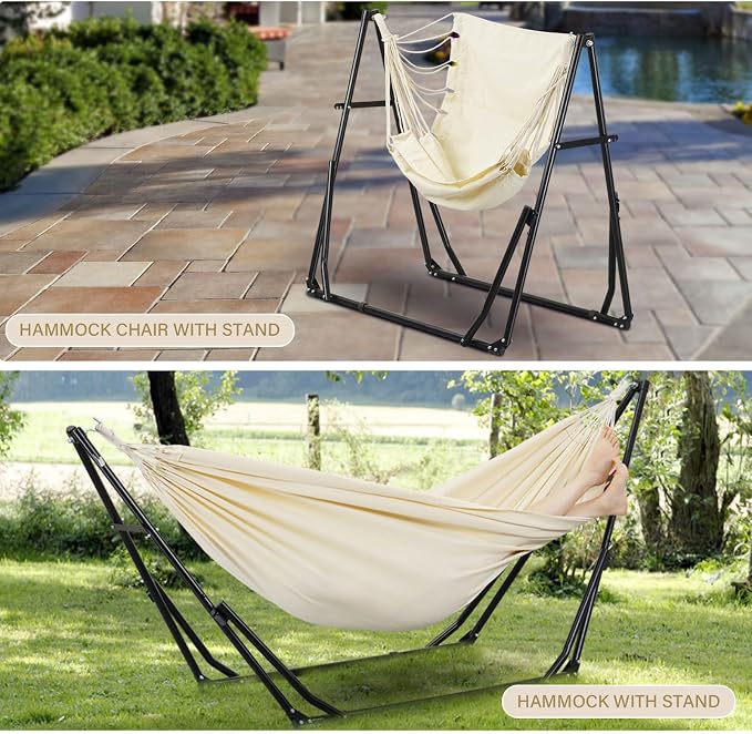 2 in 1 Hammock with Stand, Outdoor Hammock Swing Chair with Portable Heavy Duty Stand, Multi-Functional Hammock Stand 480 lbs Weight Capacit-White