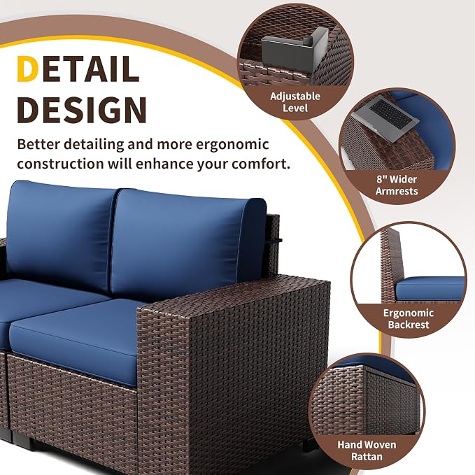 Outdoor Patio Furniture Set, 8‘’ Wide armrest Outdoor Sectional Rattan Sofa Set, Wicker Patio Furniture Sets w/Coffee Table,Thick Cushions for and Cover for Porch, Poolside,8 PCS(Brown&Blue)