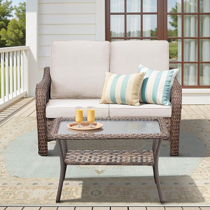 2 PCS Patio Furniture Set, Outdoor Wicker Loveseat Sofa with Coffee Table, 4-Inch Thick Olefin Cushions & Curved Armrests, 300 lbs Capacity Rattan Porch Furniture for Garden, Backyard, Beige