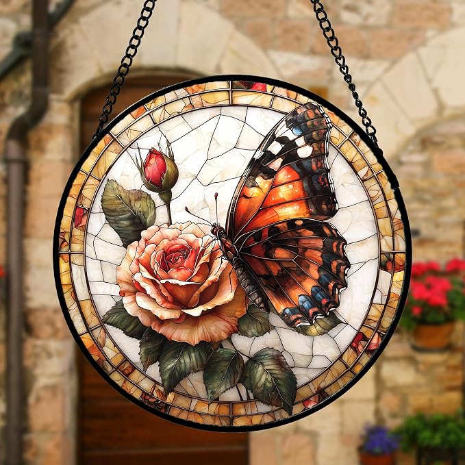 DASTOLL Stained Glass Window Hanging, Butterfly Picking Flowers Suncatcher for Doors Home Sun Catchers Decoration and Christmas, Mother's Day Birthday Gifts for Women, Men, and Mom 9.8 in