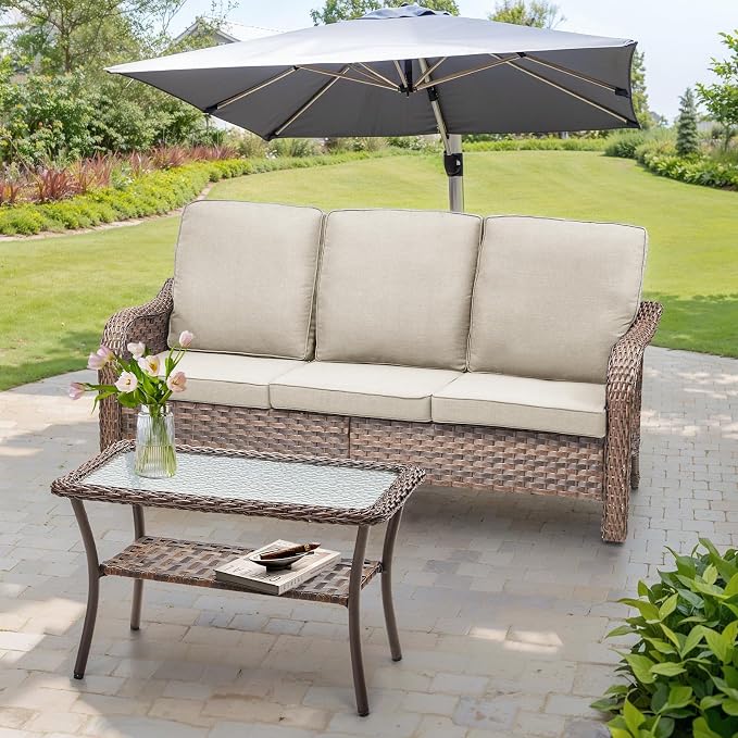 Outdoor Wicker Sofa & Coffee Table Set, 2 PCS Patio Sofa with 4" High-Resilience Cushions, Ergonomic Curved Armrests & 300lb Heavy Duty Frame for Small Spaces, Porch, Balcony, Blue