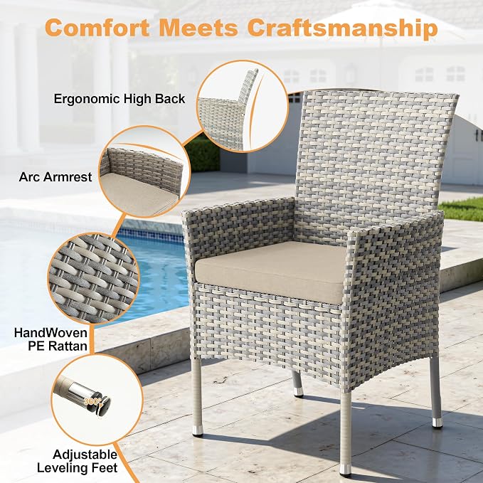 5-Piece Patio Dining Set, Patio Furniture Set with Square Tempered Glass Table & 4 Wicker Chairs, Expandable Design for Larger Groups, Outdoor Furniture for Backyard, Deck, Garden, Beige