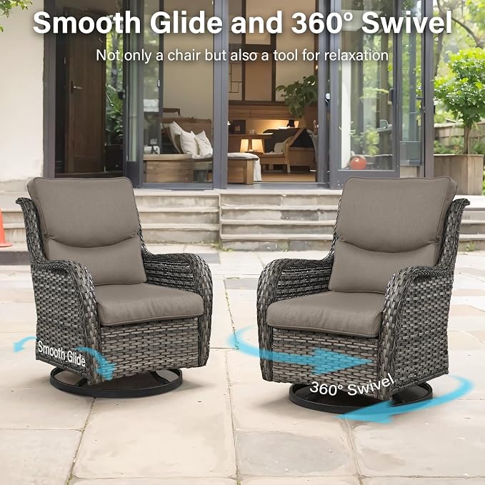 Outdoor Swivel Rocker Patio Chairs Set of 7 with 5" Thick Cushions,7 Piece Furniture Set with Fire Pit Table All Weather Wicker Conversation Set for Porch Deck - Gery Wicker | Gery Cushions