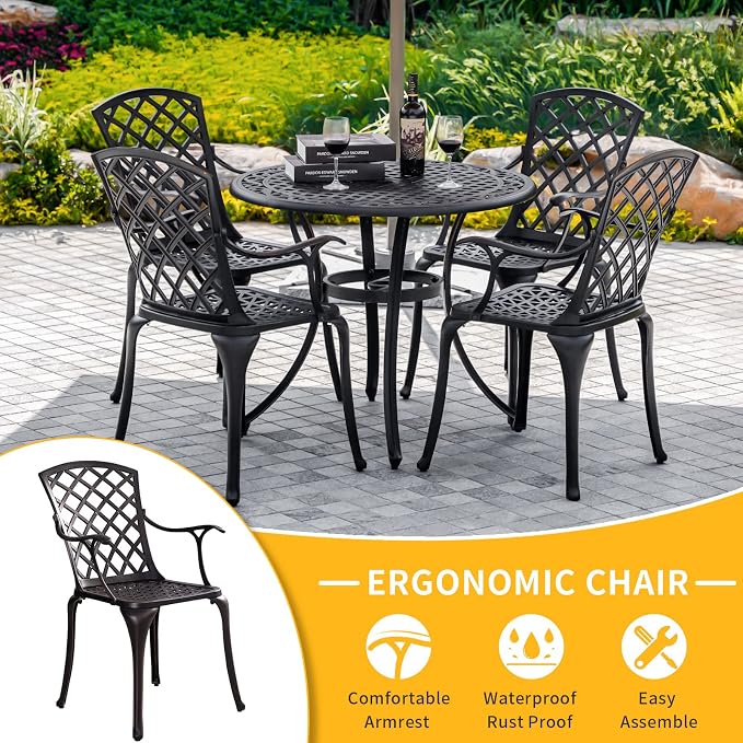 5-Piece Patio Dining Set Outdoor Bistro Set,Anti Rust Cast Aluminum Patio Table and Chair Set of 4 with Umbrella Hole,Suitable for Patio Garden Deck(Antique Bronze)