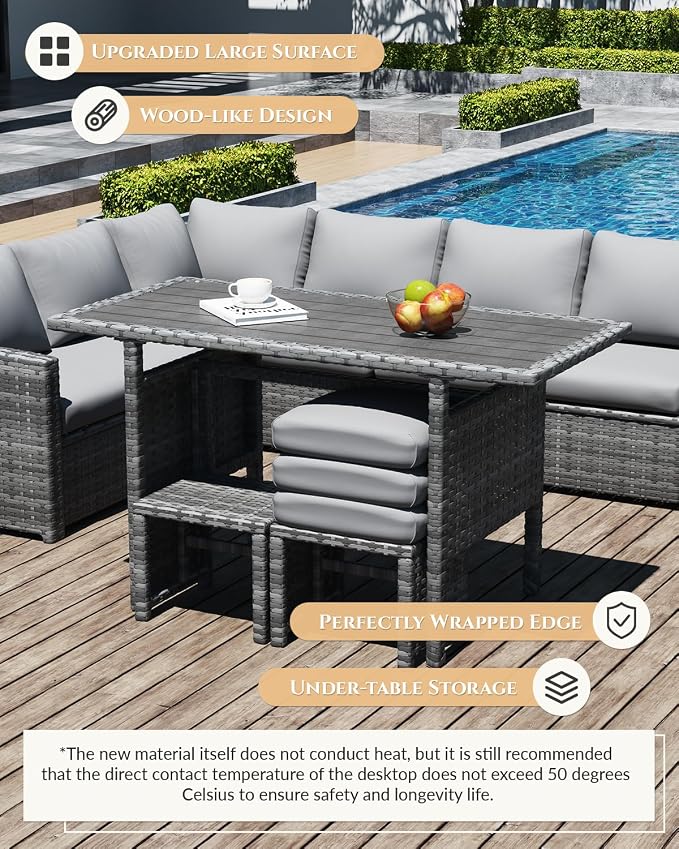 U-MAX 7 Pieces Patio Furniture Set with Waterproof Cover, Outdoor Sectional Sofa Conversation Set, All Weather Wicker Rattan Dining Table & Chair with Ottoman, Grey Rattan&Light Grey Cushion