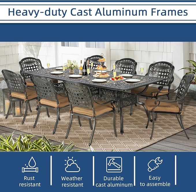 9-Piece Patio Cast Aluminum Dining Set, Outdoor Table and Chairs Set for 8, Includes 94.5" Rectangular Dining Table and 8 Cushioned Chairs with Umbrella Hole for Backyard Lawn Garden, Tan
