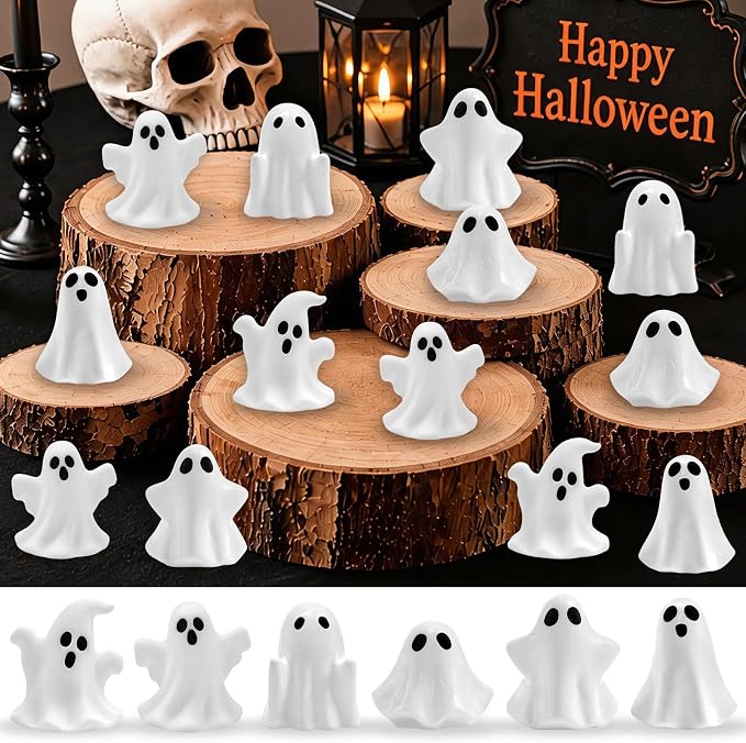 48 Pcs Halloween Mini Resin Ghosts Tiny Little White Ghost Figures Miniature Figurines for Halloween Party Tabletop Micro Landscape Decor