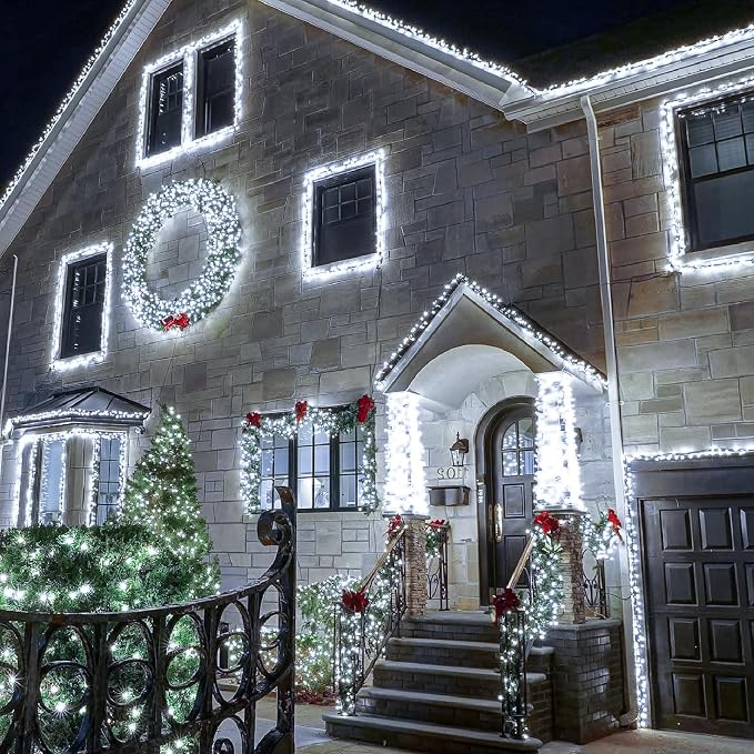 2 Pack Christmas Lights Outdoor, Total 200FT 600LED Christmas Tree Lights | Cool White, Plug in 8 Modes Waterproof String lights for Outside Indoor House Patio Yard Party Holiday Decorations