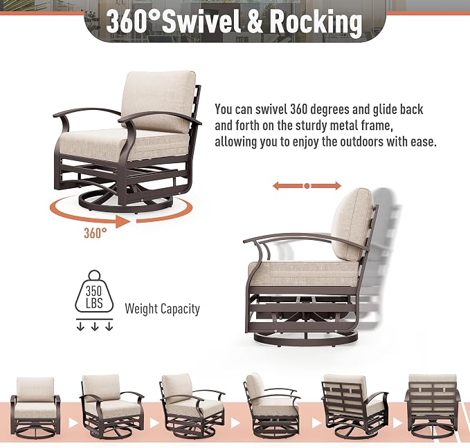 Kurapika Aluminum Patio Furniture Set 5-Seat Modern Metal Outdoor Conversation Sets w/45in Propane Fire Pit Table, Swivel Rocking Chairs Patio Sectional Sofa w/5.1 Inch Cushion, Sand