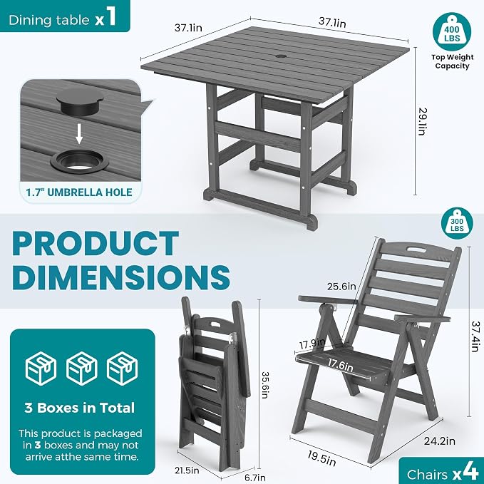 5-Piece Outdoor Dining Set, No-Assembly Foldable Chairs, All-Weather HDPE Outdoor Table and Chairs with Elegant Armrest, Patio Furniture Sets with Umbrella Hole for Patio, Gray