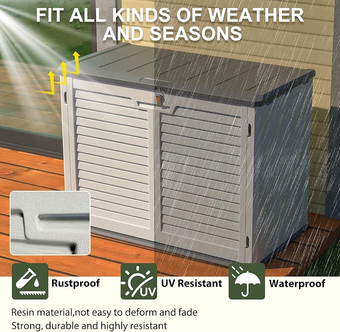Large Outdoor Deck Box and Horizontal Storage Shed, 28 Cubic Feet Weather Resistant Resin Cabinet for Patio Cushions and Garden Tools, Lockable White Storage Unit, 52.3 x 29.7 x 38.9 Inches