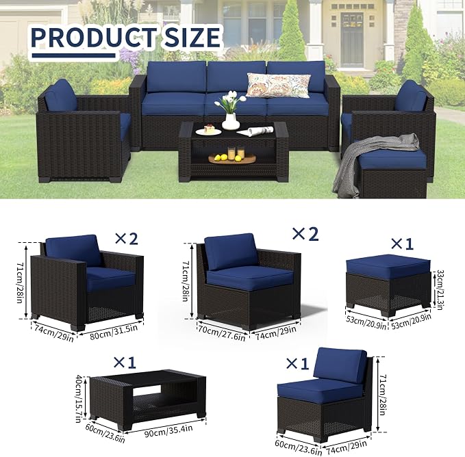 SHGJ&SOFT 7 Piece Outdoor Patio Furniture Set, Wicker Outdoor Sectional Sofa with Washable Cushion Covers and Tempered Glass Table, Rattan Conversation Set for Poolside,Balcony, Porch, Garden