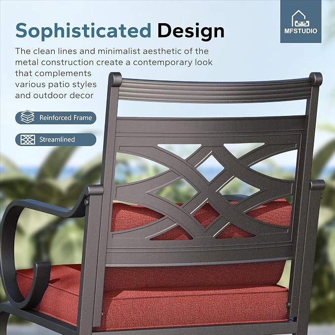 MFSTUDIO 5-Piece Patio Dining Set, 37" Square Metal Table, Fixed Chairs | Umbrella Hole, Red, Seats 4