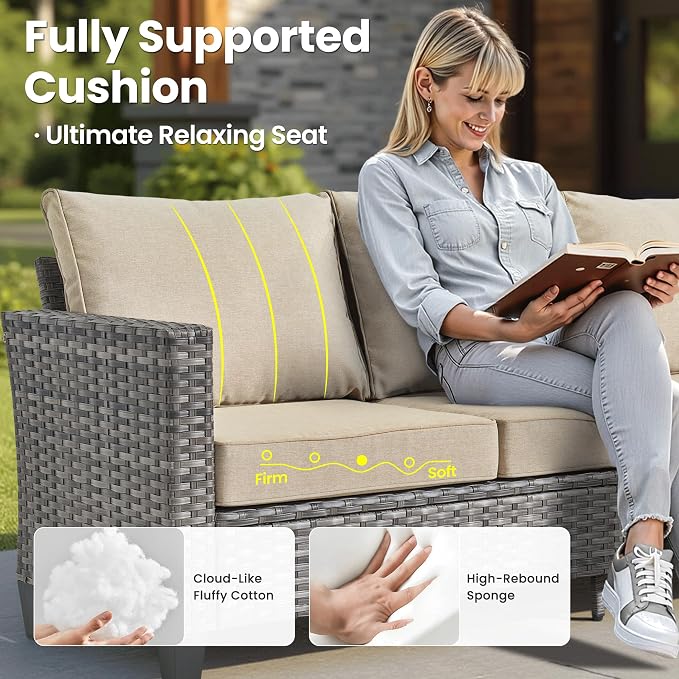 ovios 7 Pieces Patio Furniture Set, Outdoor Wicker Sofa Couch with Swivel Glider Chairs Fire Pit Table, Modern Deep Seat Rattan Conversation Sets for Deck Porch, Beige