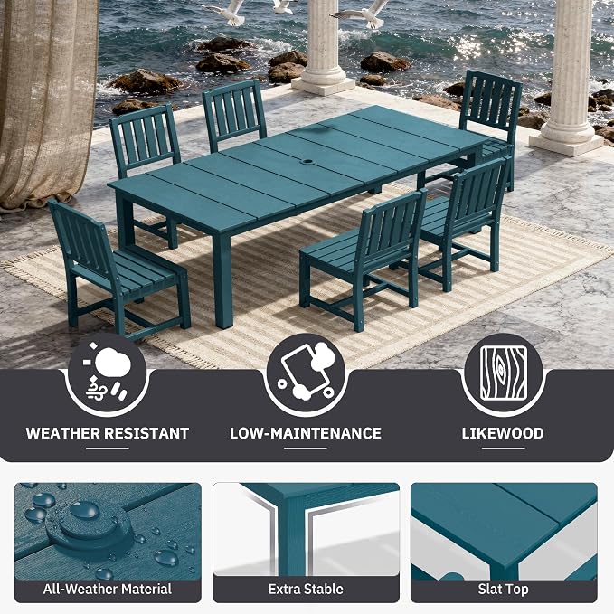 AreShark 5-Piece Outdoor Dining Set,HDPE Patio Table with 4 Armless Chairs,All-Weather Patio Furniture Set with Umbrella Hole,Low Maintenance Wood Grain Dining Set for Backyard,Garden,Poolside,White