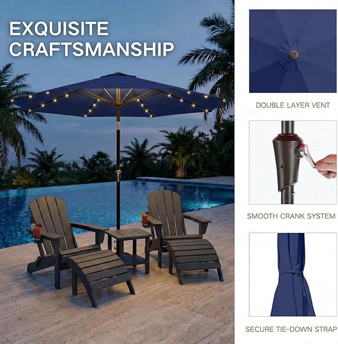 Kingdura 10FT Outdoor Patio Umbrella with Solar Lights, Market Table Umbrella with Push Button Tilt & Crank, 8 Sturdy Ribs, 32 LED Lights, UV Protection for Garden Lawn Deck Backyard Pool (Navy blue)