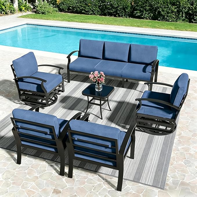 Aluminum Outdoor Patio Furniture Set,6 Pieces 7 Seats Patio Conversation Sets,Metal Patio Sectional Furniture Set with 5.1" Thickened Cushions,Swivel Rocking Chairs Set,Navy Blue