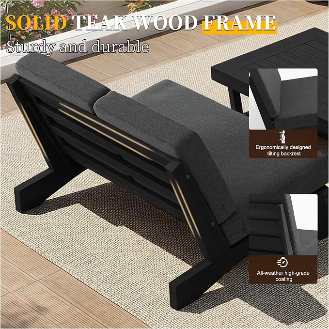 All Weather Patio Furniture Sets, 4 Pieces Black Wood Outdoor Sectional Futniture Patio Sofa Chair Backyard Conversation Set with Solid Wooden Coffee Table - Dark Gray