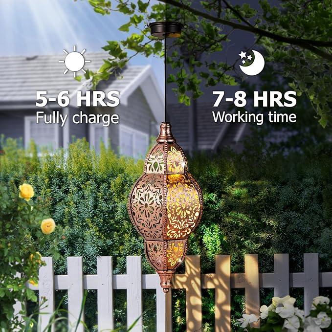 Hanging Solar Lantern Outdoor Decor, Moroccan Solar Lights for Outside Garden Decorations, Waterproof Lanterns Garden Gifts for Mom, Women, Patio, Yard Ornament