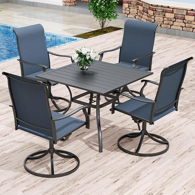 Anmutig 5 Piece Outdoor Patio Dining Set, 4 Swivel Rocking Patio Chairs & Square Dining Table Outdoor Furniture for Backyard Bistro Garden Poolside, Blue