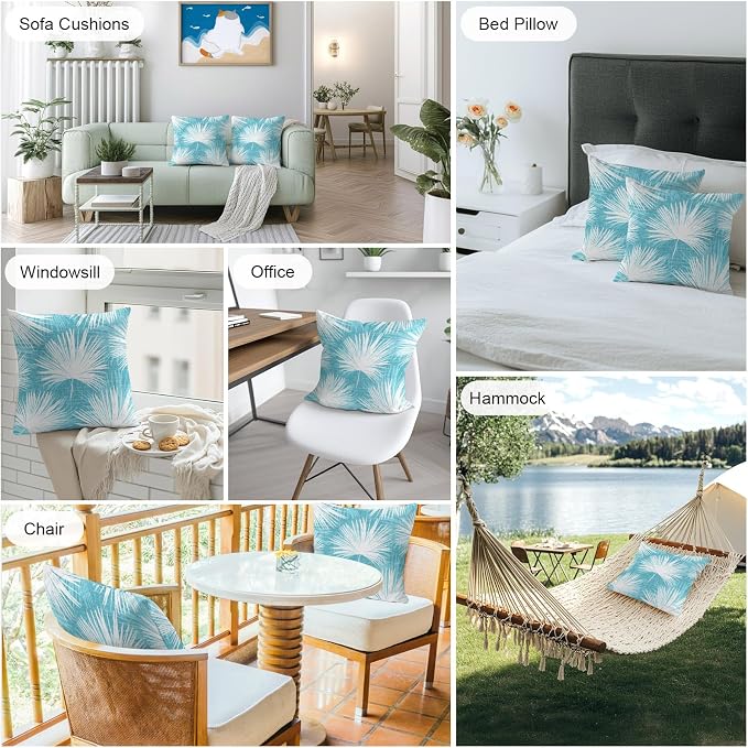 Throw Pillow Covers 16x16 Inch Set of 2, Aqua Blue Palm Leaves Coastal Waterproof Outdoor Pillow Covers, Summer Tropical Botanical Decorative Cushion Pillowcases for Couch, Sofa, Bed, Garden, Patio