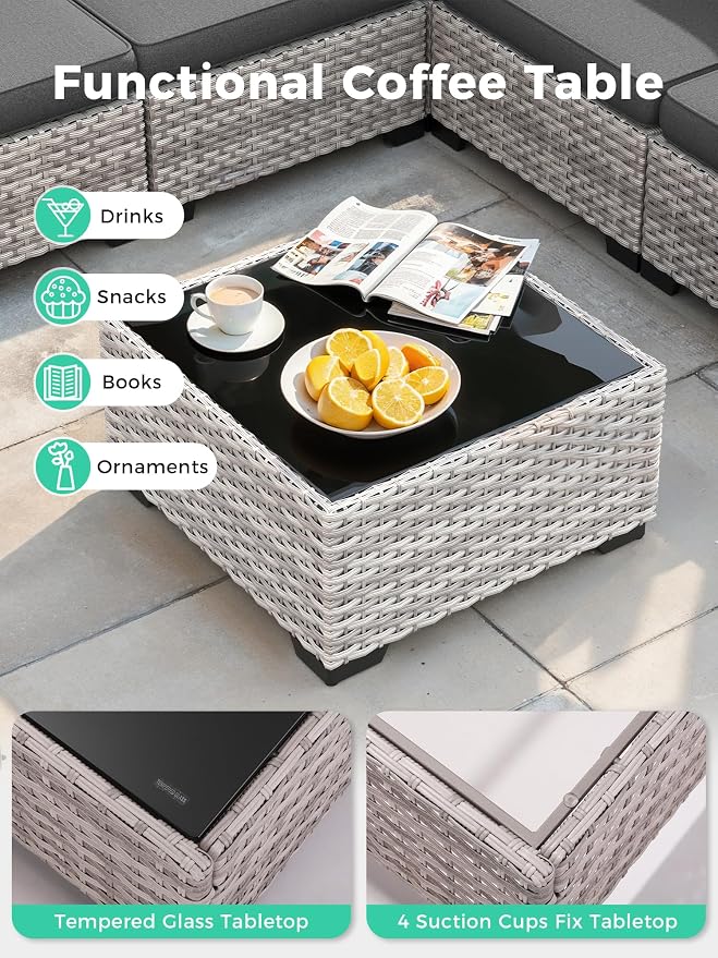 16 Piece Outdoor Wicker Sectional Sofa Set with Swivel Chairs & Fire Pit Table, 12-Seats with 4" Thickened Cushions & Coffee Table, All-Weather PE Rattan for Garden, Backyard, Charcoal Gray
