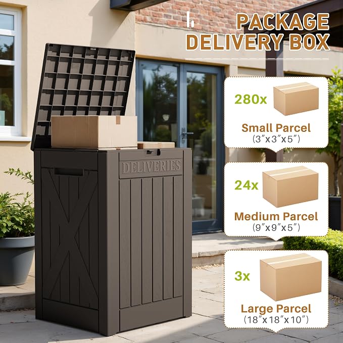 Devoko 48 Gallon Package Delivery Box Outdoor Secure Lockable, Waterproof Deck Box PP Material Storage Container for Porch, Deck (Deep Brown, 48 Gallon)