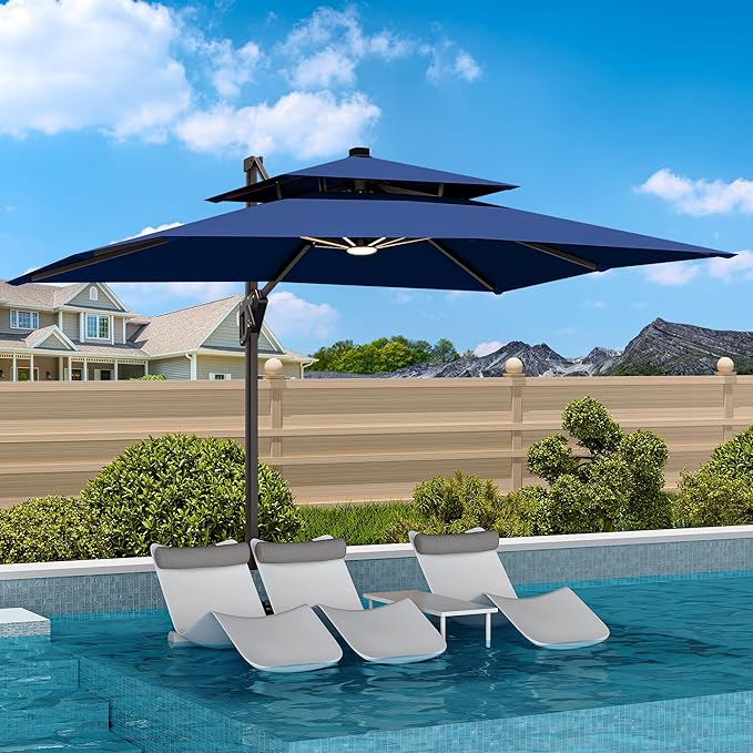 9' X 12' Cantilever Patio Umbrella with Led Lights Double Top Rectangular Outdoor Large Offset Umbrellas with 7 Tilts Adjustable 360°Rotation for Deck Pool Garden Backyard, Navy