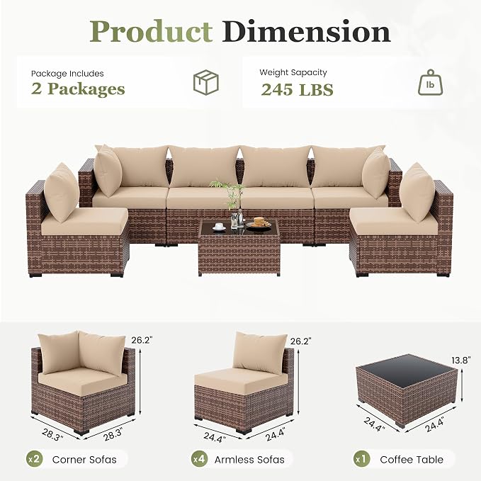 Amopatio Outdoor Patio Furniture Set 7 Pieces Patio Conversation Set Sectional Couch Sofa, Glass Table & Thicken Cushion Fits Garden Yard Porch