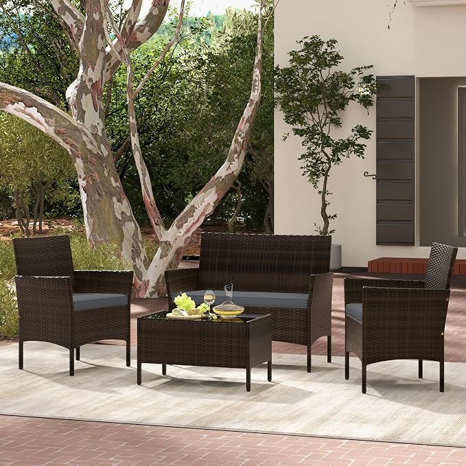 Tangkula 4 Piece Patio Rattan Conversation Set, Outdoor Wicker Furniture Set with Chair, Loveseat & Tempered Glass Table, Cozy Seat Cushions, Outside Sectional Sofa Set for Backyard, Porch (1,Grey)