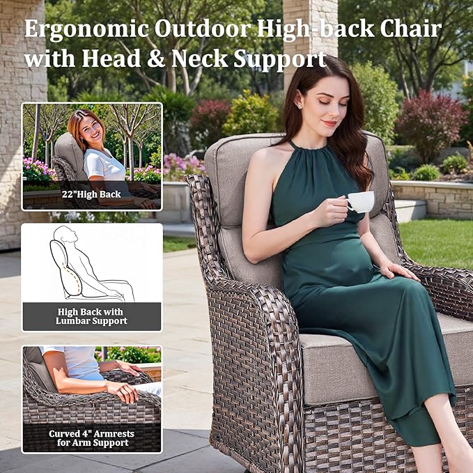 Luxury High Back Patio Furniture Set with 6-Inch Thick Cushions, 6-Pieces Outdoor Furniture with Swivel Chairs &Side Table, Wicker Conversation Set for Porch, Balcony, Deck and Yard, Brown/Grey