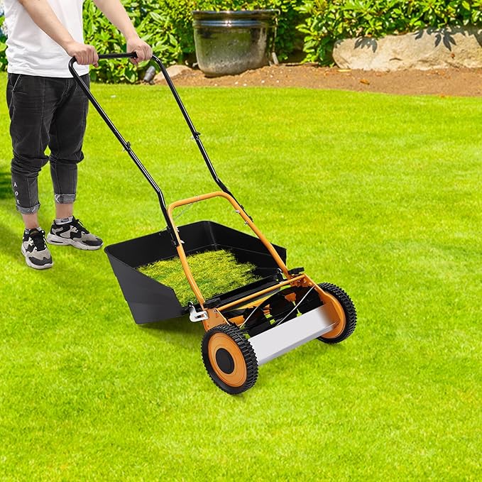 16 Inch Manual Lawn Mower, 4-Blade Reel Lawn Mower with Grass Catcher, Adjustable Cutting Height Lawn Mowers, Push Lawn Sweeper for Lawn Yard Garden Bush