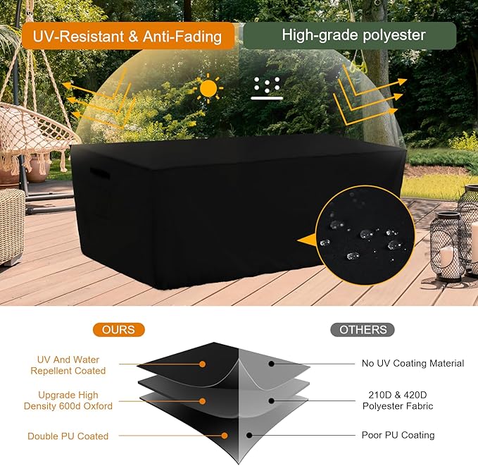 Tempera Patio Furniture Cover,Outdoor Table And Chair Covers Waterproof, Outdoor Dining Set Cover,Heavy Duty Rectangle Patio Furniture Covers,102''L x 74''W x 27.8''H,Black