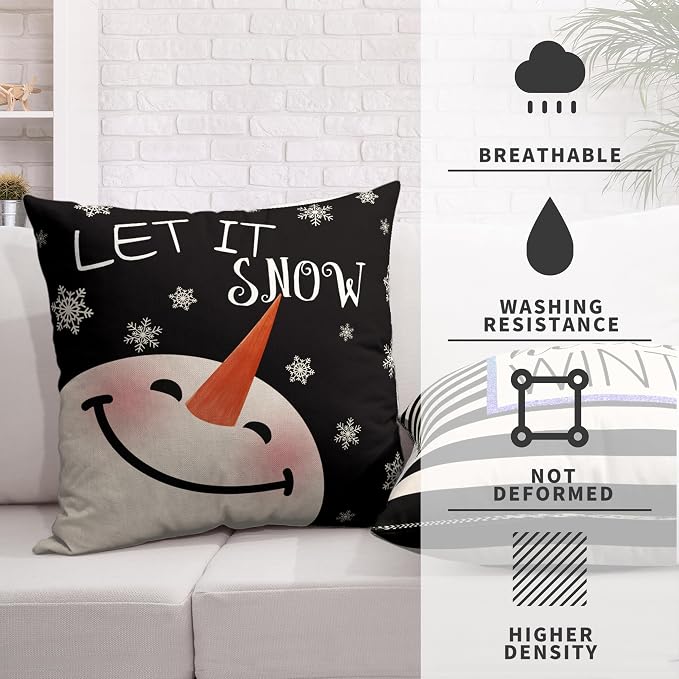 2 Pack of Winter Pillow Covers 22x22 Lovely Snowman Decorative Throw Pillow Covers Set of 2 Hello Winter Black Stripes Pillow Case for Living Room Holiday Decor Couch