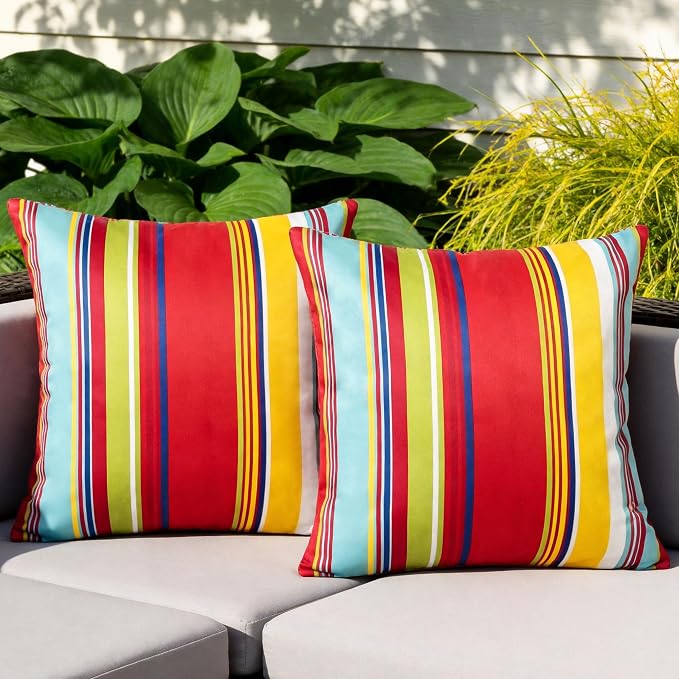 Waterproof Outdoor Pillow Covers 18x18 Inch Set of 2, Orange and Red Stripe Decorative Colorful Throw Pillow Cover, Modern Farmhouse Cushion Cases for Patio Garden Porch Balcony Couch Sofa