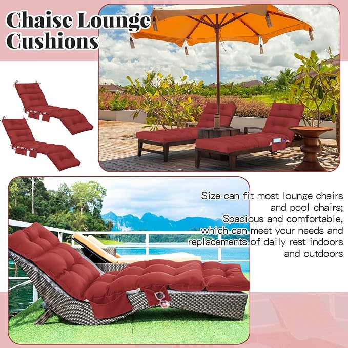 Kigley Outdoor Chaise Lounge Cushions with 3 Side Pocket 74.5 x 22 x 4.7 Inch Patio Chaise Lounge Cushion, Water-Repellent and Fade-Resistant Tufted Summer Replacement(2 Pcs,Ruby Red,Solid Color)