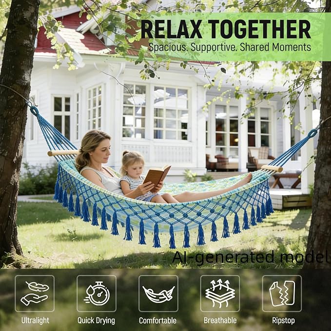 Portable Hammock,Bohemian Hammock,Rope Hammock,Suitable,Yard, Beach, Backyard,Garden (Blue, 79 * 59)