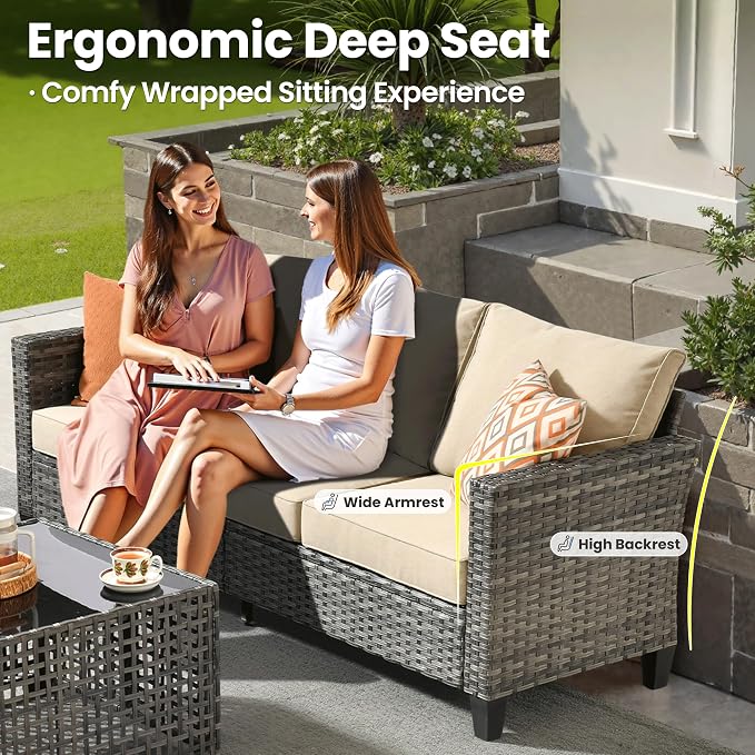 ovios 5 Pieces Patio Furniture Set, Outdoor Wicker Sofa Couch with Swivel Glider Chairs Solar Lights Table, Modern Deep Seat Rattan Conversation Sets for Deck Porch, Beige