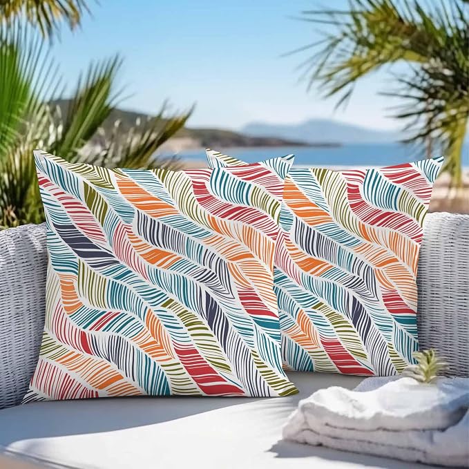 Vandarllin Outdoor Throw Pillows Covers 16x16 inch Set of 2 Waterproof Summer Beach Decorative Zippered Cushion Covers for Patio Furniture, Orange Blue Abstract Leaf Lines Lumbar Pillowcases