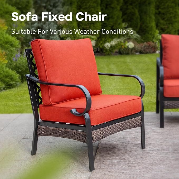 SUNSHINE VALLEY 4 Piece Metal Outdoor Patio Furniture Set, Patio Conversation Sets 1 3-Seater Sofa, 2 Chairs with 5.75" Extra Thick Cushion and Coffee Table, Black Frame Backyard Furniture, Rust Red