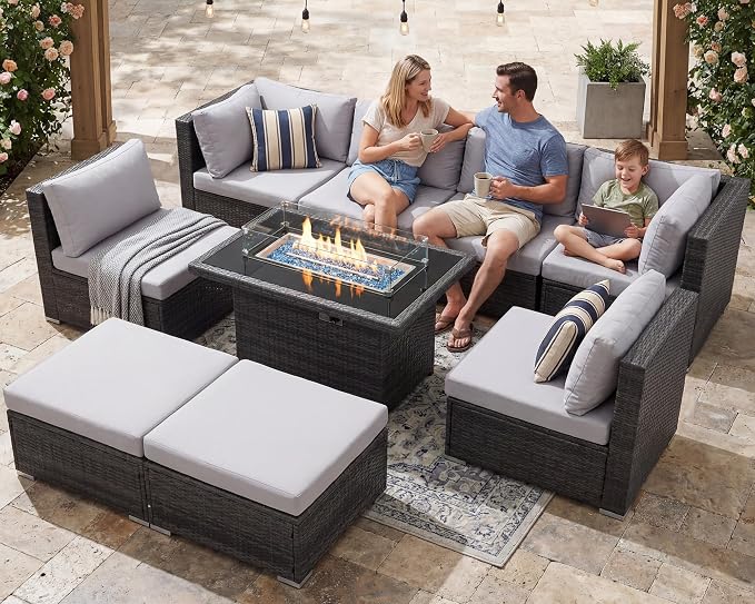 RADIATA 9 Piece Wicker Patio Furniture Set with Fire Pit, All-Weather Outdoor Sectional Couch High Back Large Size, Modular Backyard Seating Sofa Set with Propane/Natural Gas Firepit Table, Light Grey