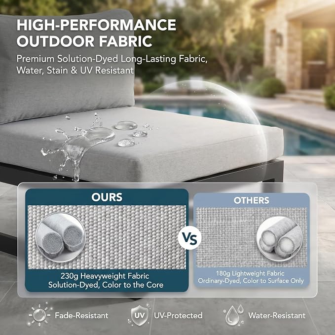 NICESOUL Powder Coated Aluminum Patio Furniture Set with Fire Pit Table, 7 Piece Deep Seat Extra Wide Outdoor Sectional Sofa for 6, L Shaped Luxury Large Conversation Set for Poolside, Light Gray